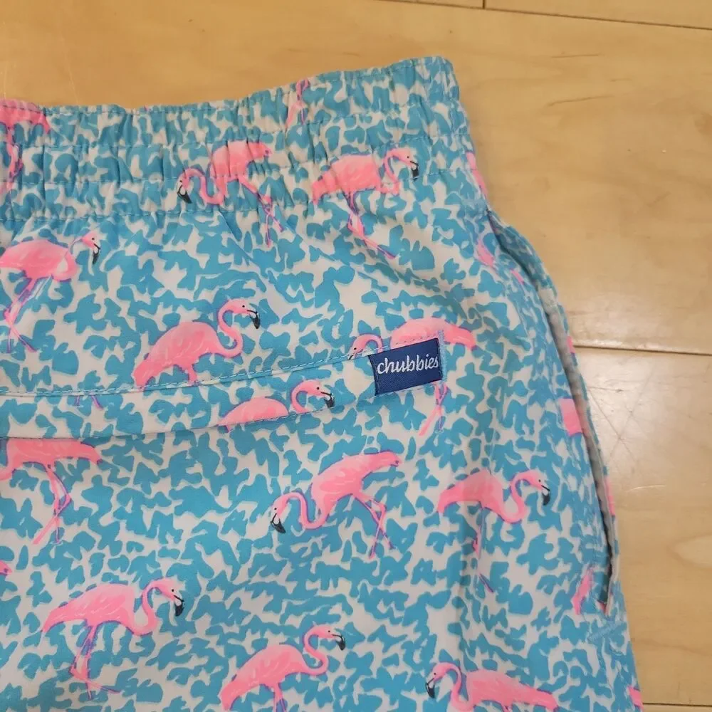 Chubbies Swim Trunks Pink Flamingo Print Beach Shorts Men's M/ 14x5.5 Lined